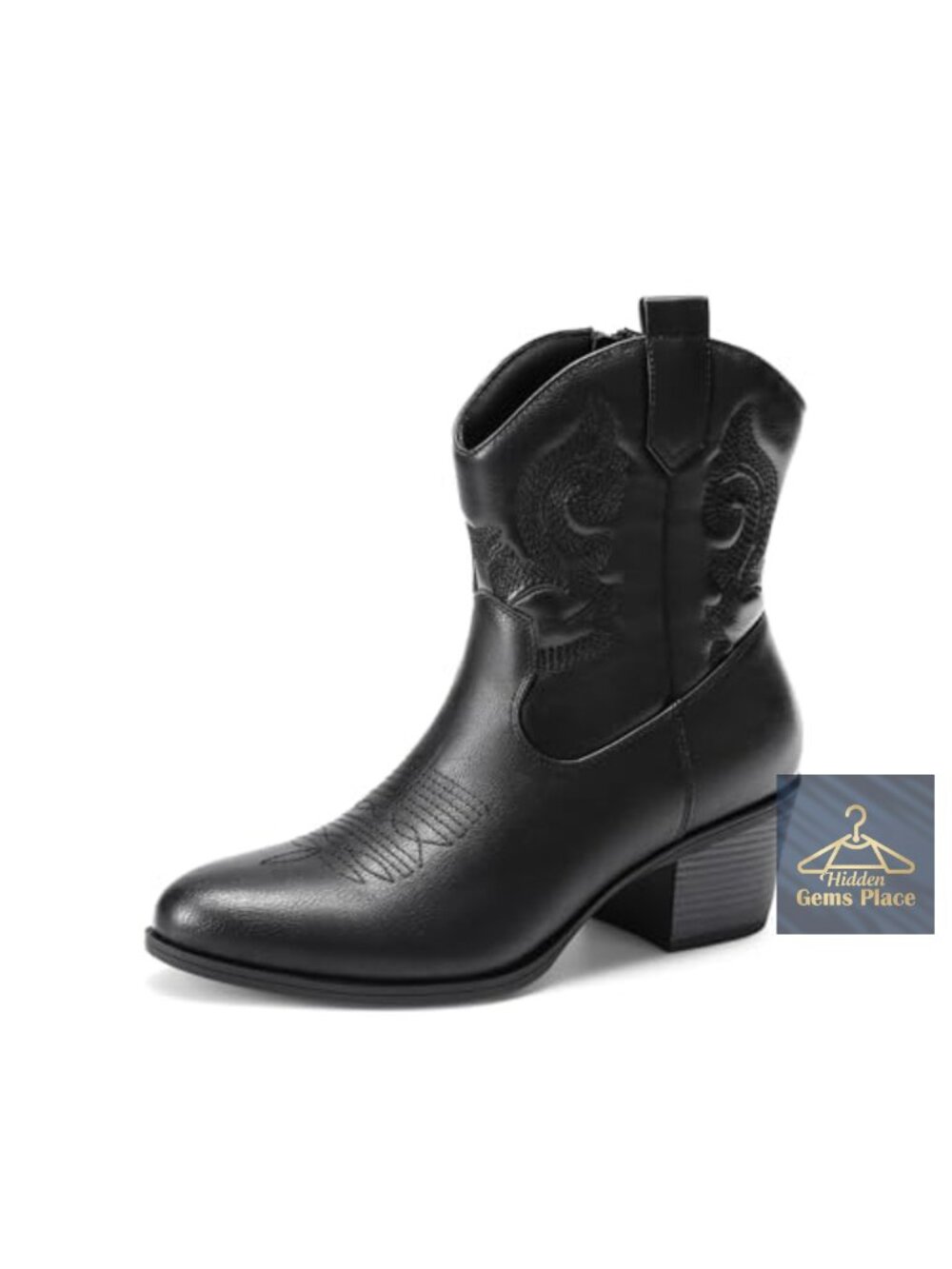 Western Cowgirl Embroidered Ankle Boots Faux Leather Low Chunky Heel Round Toe